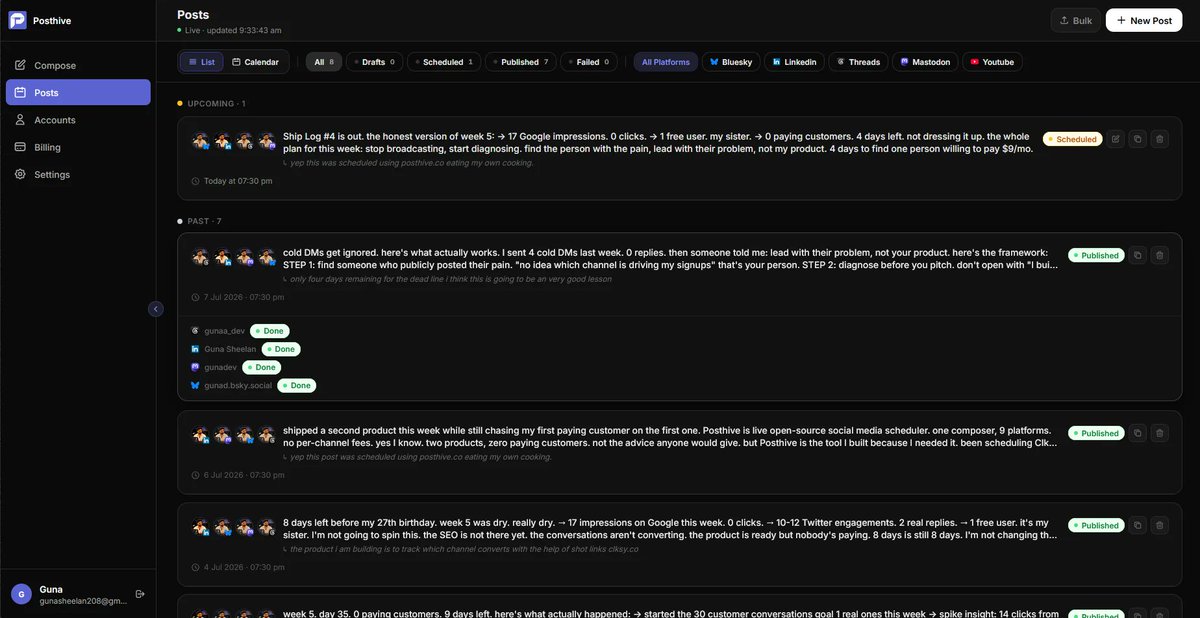 gunaa_dev's tweet photo. Built something recently that actually works.

Not "works" as in compiles and ships works as in I open it every day, I use it without thinking, and it genuinely makes my workflow better.

That feeling hit me hard with Posthive.

I built it to solve my own problem switching between 10 tabs just to post the same update everywhere. Bluesky, Threads, Instagram, LinkedIn, Mastodon, YouTube... it was exhausting.

So I built the thing I wished existed.

And somewhere between the hundredth bug fix and the first time it actually fired a post automatically at the exact second I scheduled it I realized I was addicted to my own product.

That is a strange and really good feeling.

If you are a creator tired of the tab-switching grind, Posthive is open source, self-hostable, and free to try for 14 days.