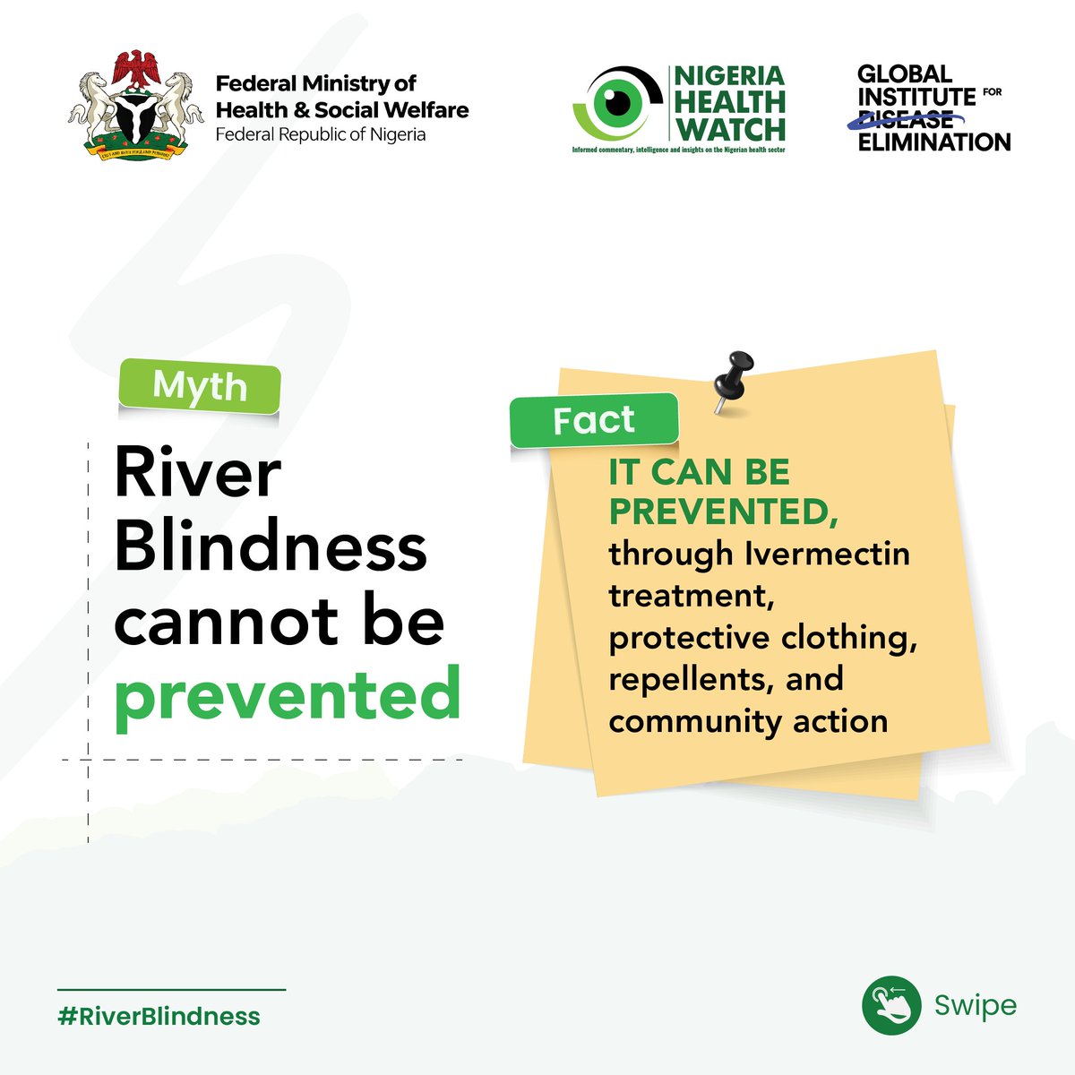 nighealthwatch's tweet photo. Still hearing myths about River Blindness? Let's clear them up once and for all! 

Misinformation stops people from getting the treatment that could save their sight. Every myth we bust is a step closer to eliminating this disease.

Save this and send it to your family group. Fight misinformation with facts.
#RiverBlindnessNG @Fmohnigeria