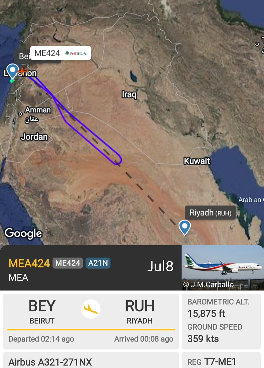 LebanonJets's tweet photo. National airline @MEAAIRLIBAN #T7ME1 A321neo operating #ME424 this morning to Riyadh had an engine issue while in Saudi airspace then elected to return to #Beirut &amp; landed safely https://t.co/Ku8Sx6HpDd