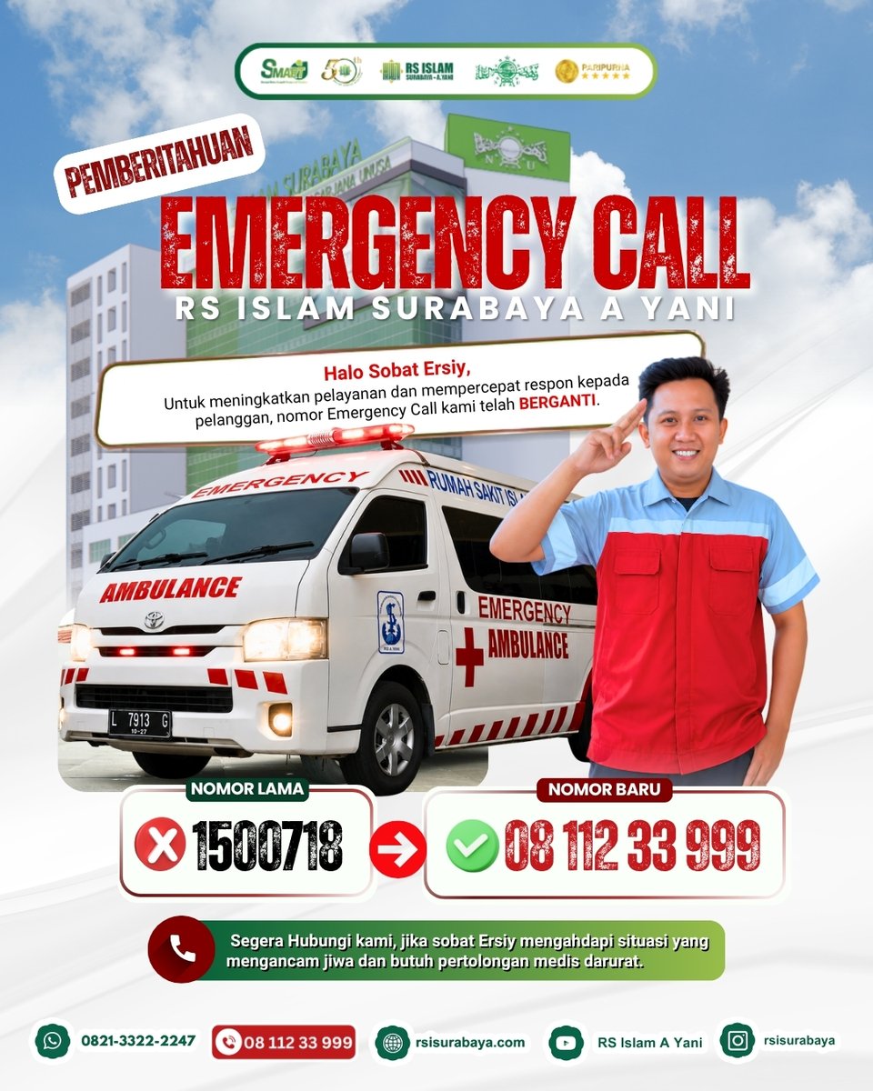 rsiayani's tweet photo. Emergency Call RSI Kini Berganti! 🚑📞

Sobat eRSIy

Untuk meningkatkan pelayanan dan mempercepat respons dalam kondisi gawat darurat, nomor Emergency Call RSI Surabaya A. Yani telah berganti.

📞 Nomor Baru: 08 112 33 999

#IGD24Jam #Ambulans https://t.co/rBqymfuKzj