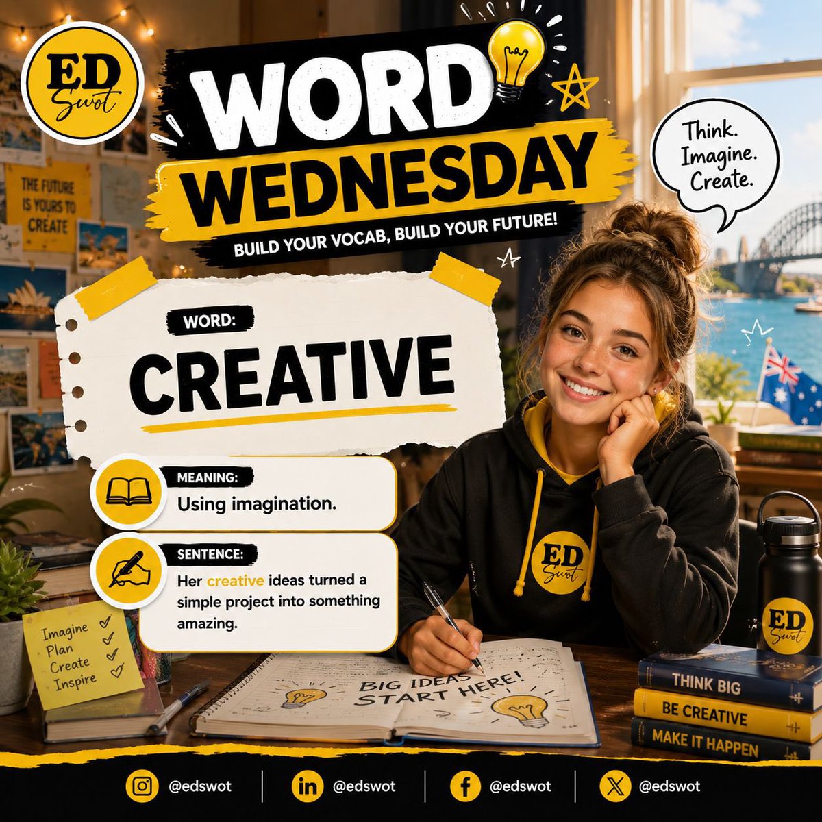 edswotltd's tweet photo. 🎨 #WordWednesday

📖 Today's word is CREATIVE

Meaning: Using imagination to create something new.

Your turn!

Can you use CREATIVE in a sentence?

At Edswot, we don't just build vocabulary—we build confident thinkers and future innovators.

#Edswot #Education #Learn #English https://t.co/LJIiKfq7Vg