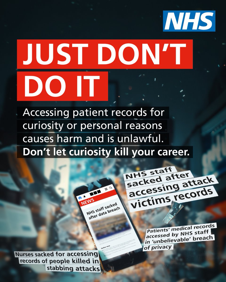 NHSEngland's tweet photo. Accessing patient records out of curiosity or for personal reasons is completely unacceptable. It’s a breach of patient trust, and against the law. Doing this could put your NHS career and future at risk.  
 
Learn more about how we are tackling this serious issue ⬇️