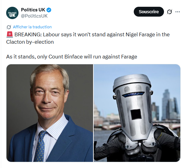 Collabblues's tweet photo. On ne le dira jamais assez, les 🇬🇧 sont les rois de l'humour absurde, personne ne peut le vaincre sur ce terrain. Même en politique. 
C'est ainsi que se profile une législative partielle entre Nigel Farage, le Marine Le Pen local et le Comte Tête de Poubelle (Binface) #withflags https://t.co/KeOpWEY0Iy
