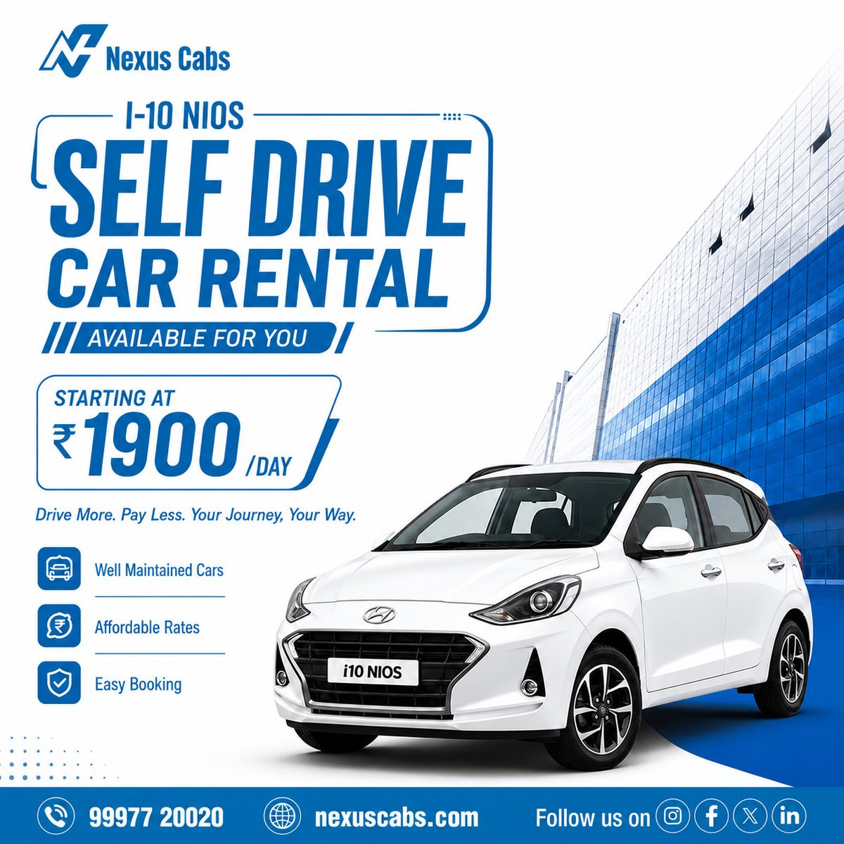 nexus_cabs's tweet photo. Your perfect city ride is here! Get the Hyundai i10 NIOS on self-drive with Nexus Cabs starting at just ₹1900/day. 

📍 Starting at ₹1900/Day

#NexusCabs #SelfDrive #SelfDriveCars #CarRental #Hyundaii10Nios #i10Nios #RentACar #SelfDriveIndia #CarRentalIndia #RoadTrip https://t.co/YBPRgHfcuB