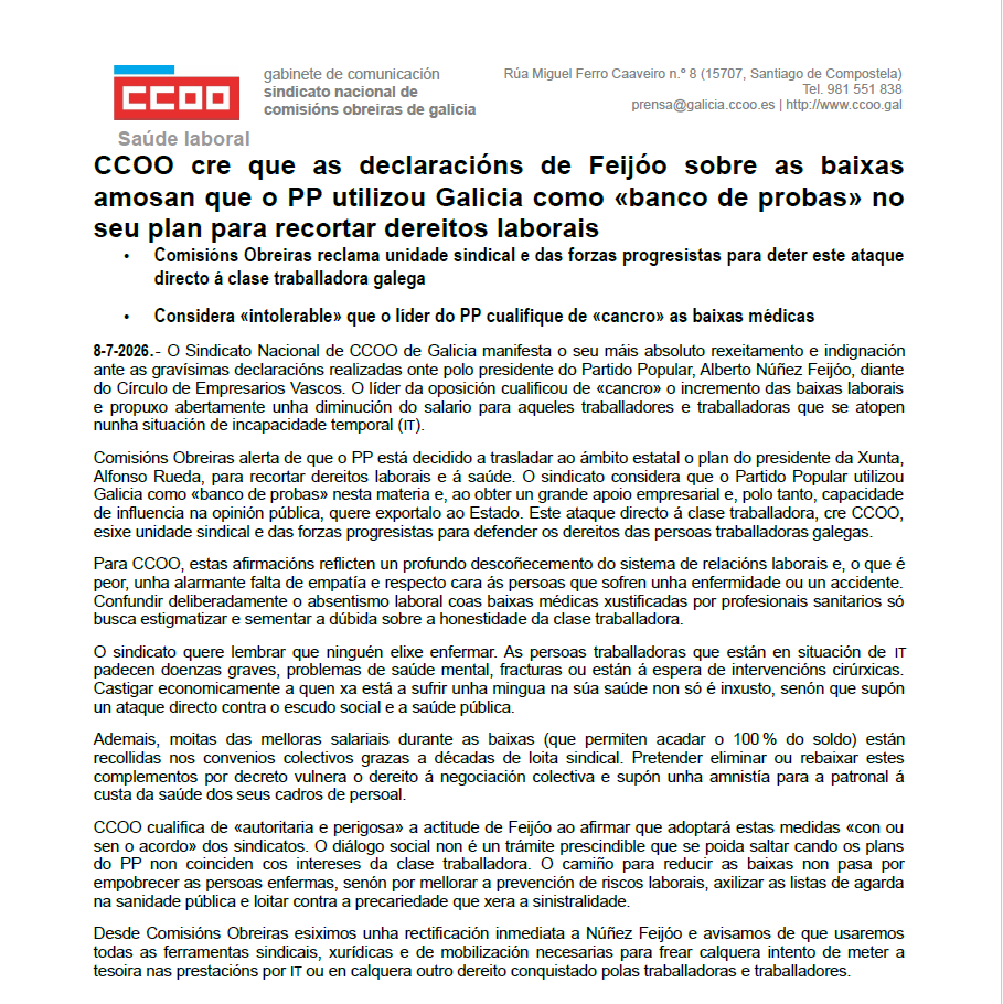 ccoogalicia's tweet photo. 🚨Comisións Obreiras reclama unidade sindical e das forzas progresistas para deter este ataque directo á clase traballadora galega. Non podemos tolerar este recorte de dereitos conquistados coa loita obreira.

#saúdelaboral #dereitoslaborais #TraballarSiEnfermarNon https://t.co/gHg2eBVAKP