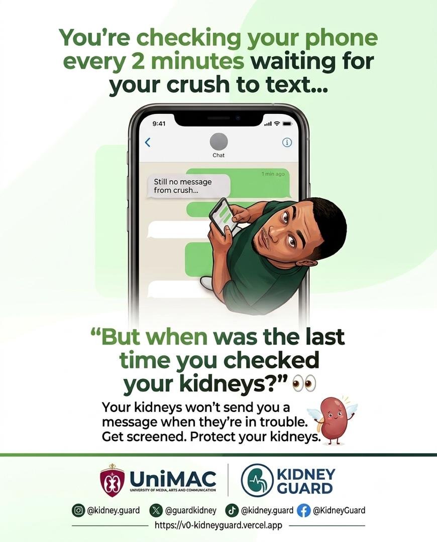 KidneyGuard's tweet photo. Your crush might ghost you, but your kidneys won’t slide into your DMs when they’re in trouble. 👻💬
Don’t wait for a text, get screened and show your kidneys some love!
#KnowYourKidneys
#KidneyGuard
For partnership, contact us on kidneyguardsij@mail.com https://t.co/ab3YgTxVim