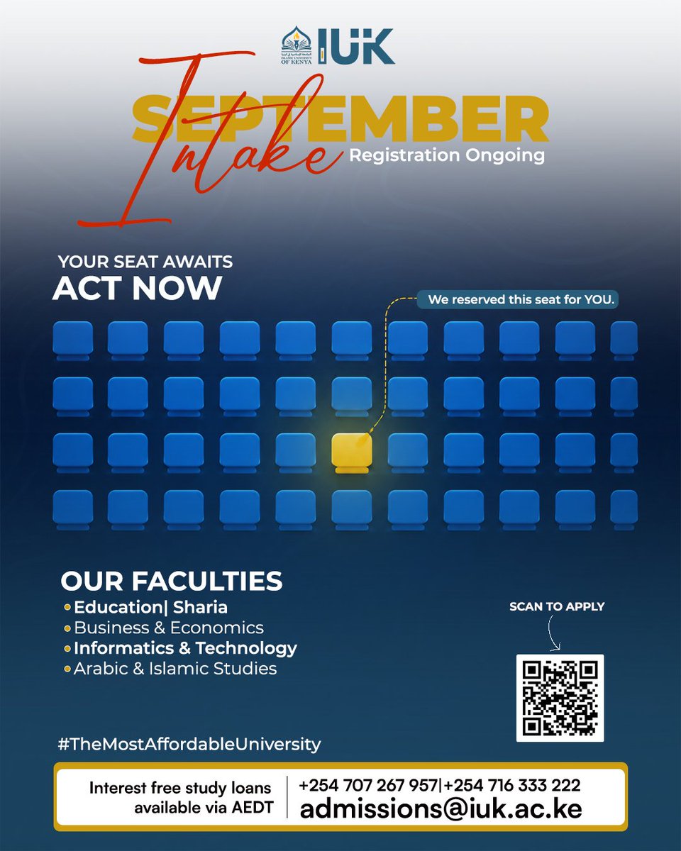 IUKOfficial's tweet photo. Your future has a reserved seat. Will you take it?

This September, choose an education that equips you with knowledge, values, and skills for a successful future.

Apply today for the September intake and secure your place at the Islamic University of Kenya. https://t.co/BbHo7eQjy9