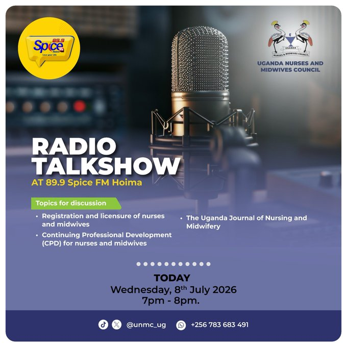 SpiceFMHoima's tweet photo. UPDATE: We will this evening host a team from @UNMC_Ug to share on the registration and licensing of nurses and midwives as well as the continuing professional development programs.

The program starts at exactly 7pm. https://t.co/k0rtAk7KZ7