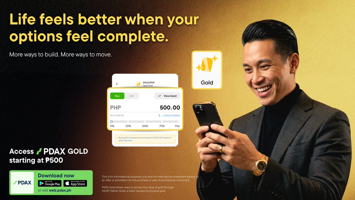 pdaxph's tweet photo. There’s something comforting about having more options 😮‍💨

On PDAX, you can explore digital asset tools for different money moves – including PDAX Gold, a digital way to access gold’s value.

With PDAX Gold, you can access gold’s value through the PDAX app, starting at ₱500 – no physical storage needed.

More choices, more flexibility, all in one app. 📲 #PDAXGold #YourNextMoneyMove #GoldPH