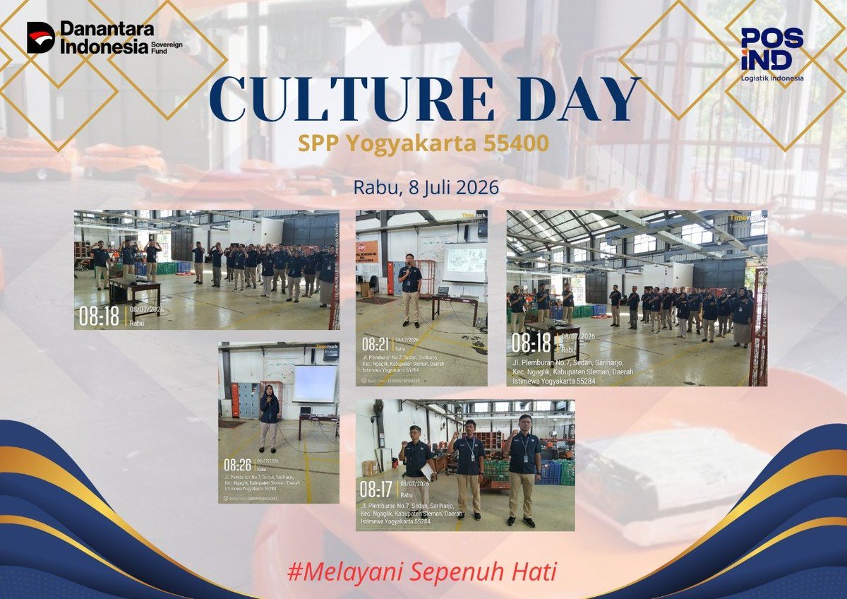PosindSppyogya's tweet photo. --Culture Day --
Kantor SPP Yogyakarta 55400
Rabu, 8 Juli 2026
#PosIND
#MelayaniSepenuhHati
#KantorPos https://t.co/tzSkazD8Jp