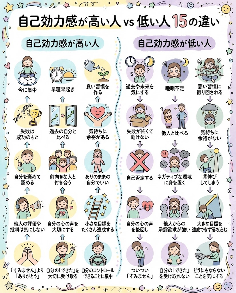 yasulog2's tweet photo. 自己効力感が「高い人」と「低い人」の違いはコレです。 https://t.co/fMUENOuKoV