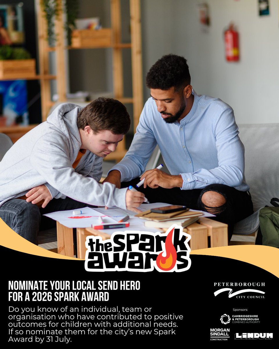 PeterboroughCC's tweet photo. 🔥Nominate your SEND Hero🔥

Do you know of an individual, team or organisation who have contributed to positive outcomes for children and young people with additional needs.  Nominate them for a Spark Children's award - where we celebrate the unsung heroes making a difference of the lives of children and young people in Peterborough.

Find out more and nominate by 31 July: https://t.co/BiI0SzbLVa

Many thanks for the award sponsors @CambsPboroCA, @LindumGroup and @morgansindallc

#SparkAward