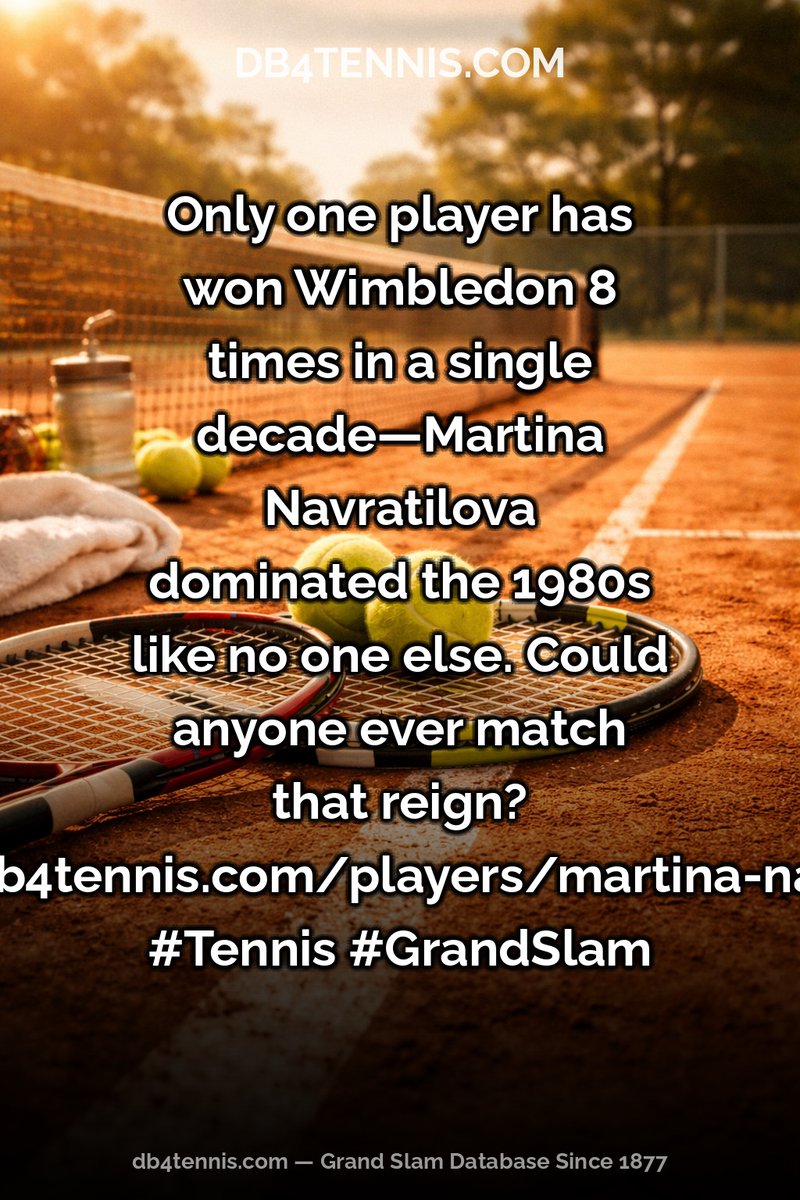 DB4Tennis's tweet photo. Only one player has won Wimbledon 8 times in a single decade—Martina Navratilova dominated the 1980s like no one else. Could anyone ever match that reign?

https://t.co/KSRgiRBjX4
#Tennis #GrandSlam https://t.co/MNZLUgw438