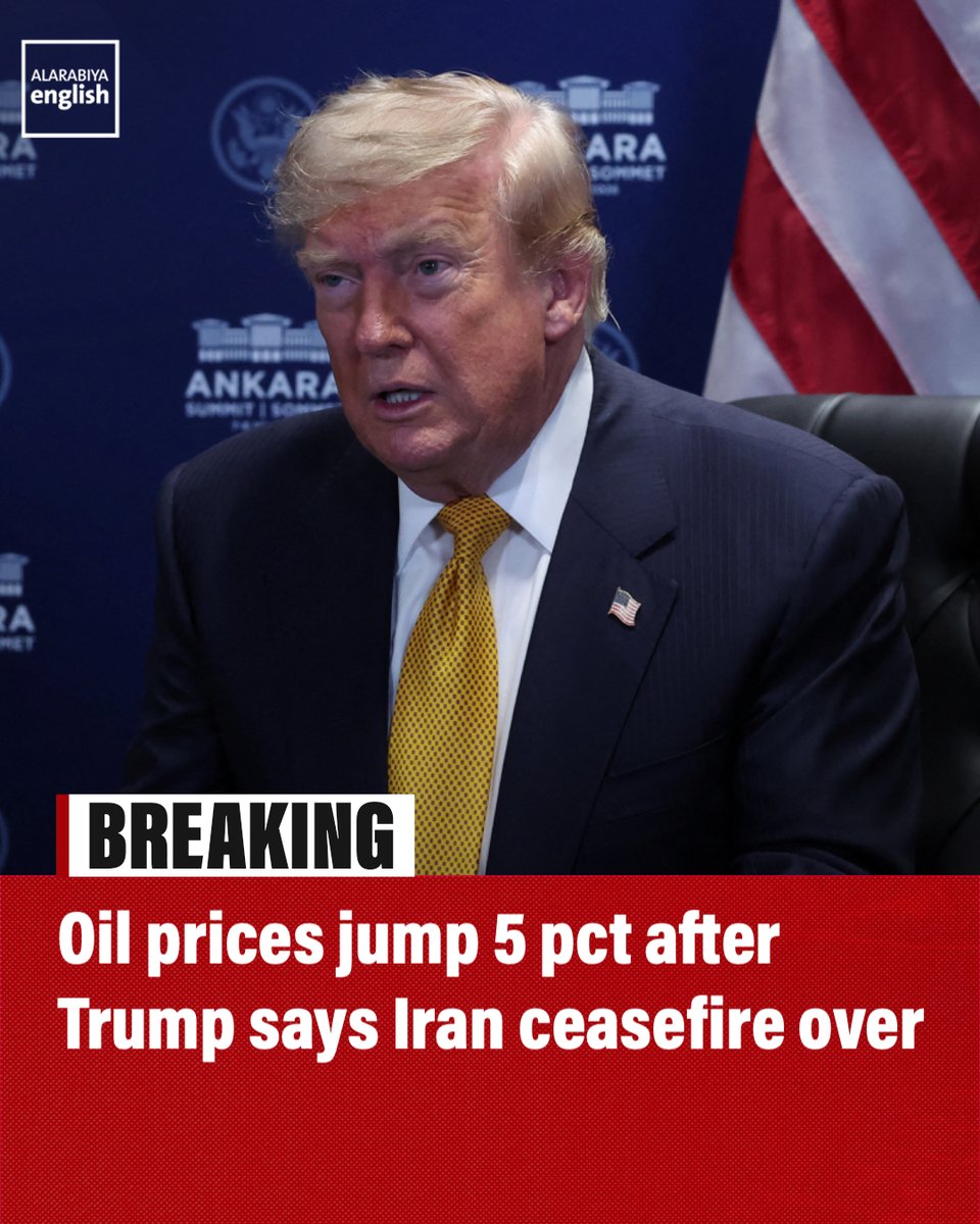 AlArabiya_Eng's tweet photo. 🔴 BREAKING: World oil prices have soared more than five percent after US President Donald Trump says the ceasefire with Iran was over, following fresh strikes in the Middle East. https://t.co/1CgoJ7YByl