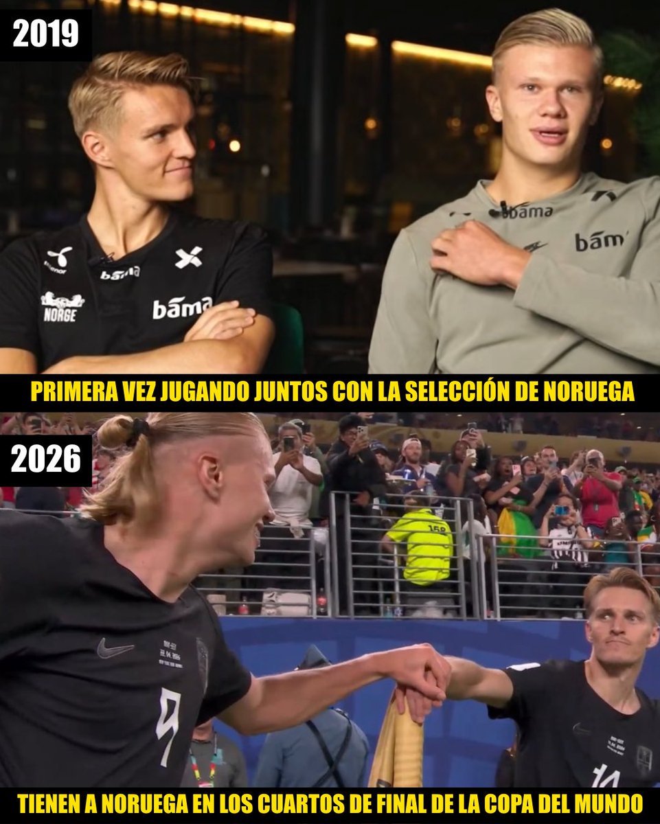 InvictosSomos's tweet photo. La imagen de arriba es del año 2019. Erling Haaland y Martin Odegaard eran promesas y estaban por disputar su primer partido juntos en la Selección absoluta de Noruega. Desde entonces, pese a que todavía eran muy jóvenes, todos en el país vikingo los veían como los futuros jefes de la nueva generación.

El máximo sueño era volver a jugar una Copa del Mundo. Y aunque el camino no fue fácil (no clasificaron a Qatar 2022), y las expectativas eran inmensas, hoy están siendo los líderes noruegos que todos esperaban que fueran. 

Con ellos como referentes, Noruega regresó a una Copa del Mundo tras 28 años de espera. Con ellos como capitanes, Noruega volvió a ganar en una justa mundialista. Con ellos como pilares, Noruega eliminó a Brasil del torneo más importante que existe. Y sí, con ellos como las máximas figuras, Noruega está viviendo la mejor actuación mundialista de toda su historia. 

El genio y el goleador. El distinto y el finalizador. La dupla que volvió a poner a Noruega en el mapa del planeta fútbol. Sabemos que a veces cuesta trabajo dimensionar las cosas cuando se están viviendo, pero Odegaard (28 años) y Haaland (25 años) ya son LEYENDAS TOTALES.

HONOR A QUIEN HONOR MERECE.
