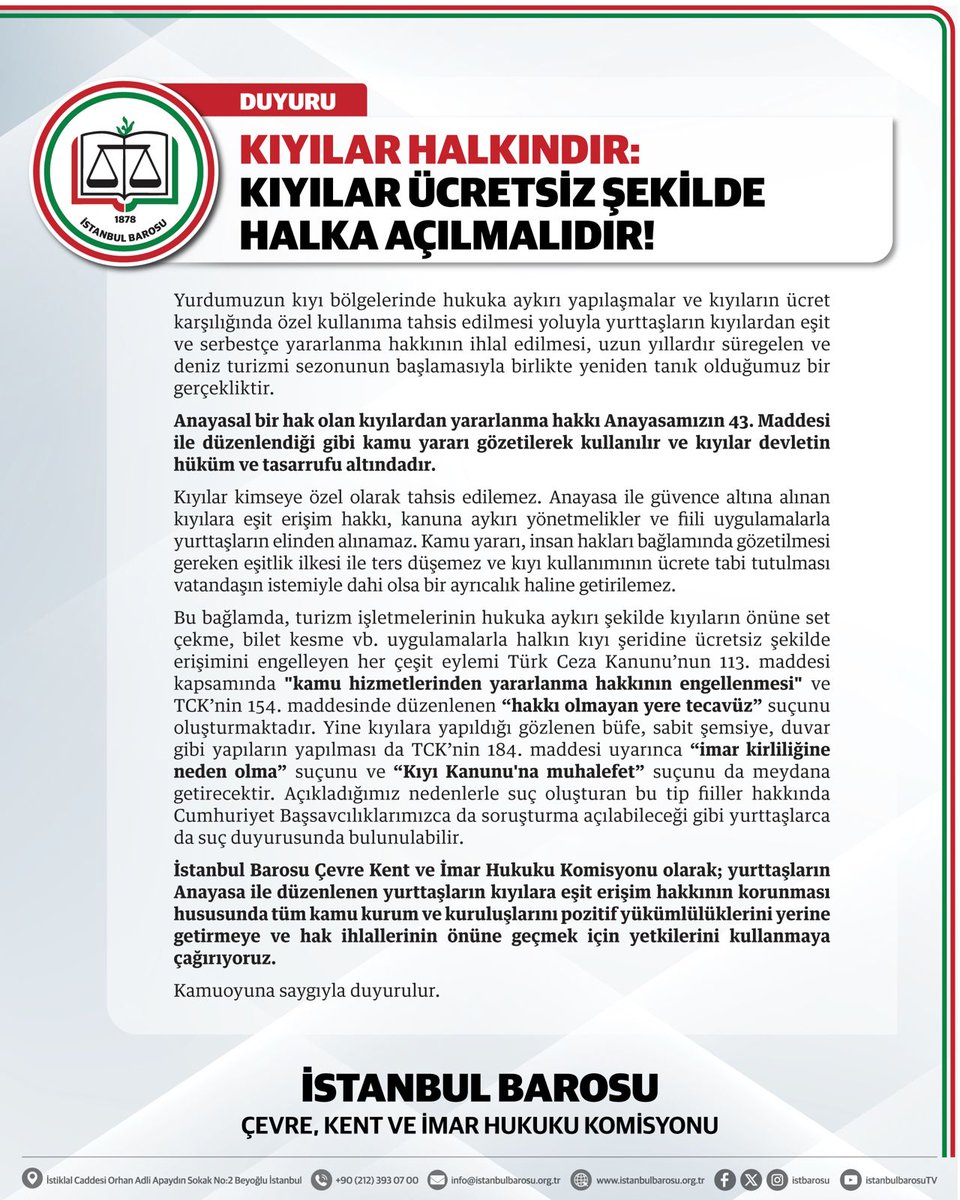 istbaro_cevre's tweet photo. KIYILAR HALKINDIR VE ÜCRETSİZ ŞEKİLDE HALKA AÇILMALIDIR!

İstanbul Barosu Çevre Kent ve İmar Hukuku Komisyonu olarak, yurttaşların Anayasa ile düzenlenen kıyılara eşit erişim hakkının korunması için tüm kamu kurum ve kuruluşlarını hak ihlallerinin önüne geçmeye çağırıyoruz. https://t.co/TMwWtpWNrZ