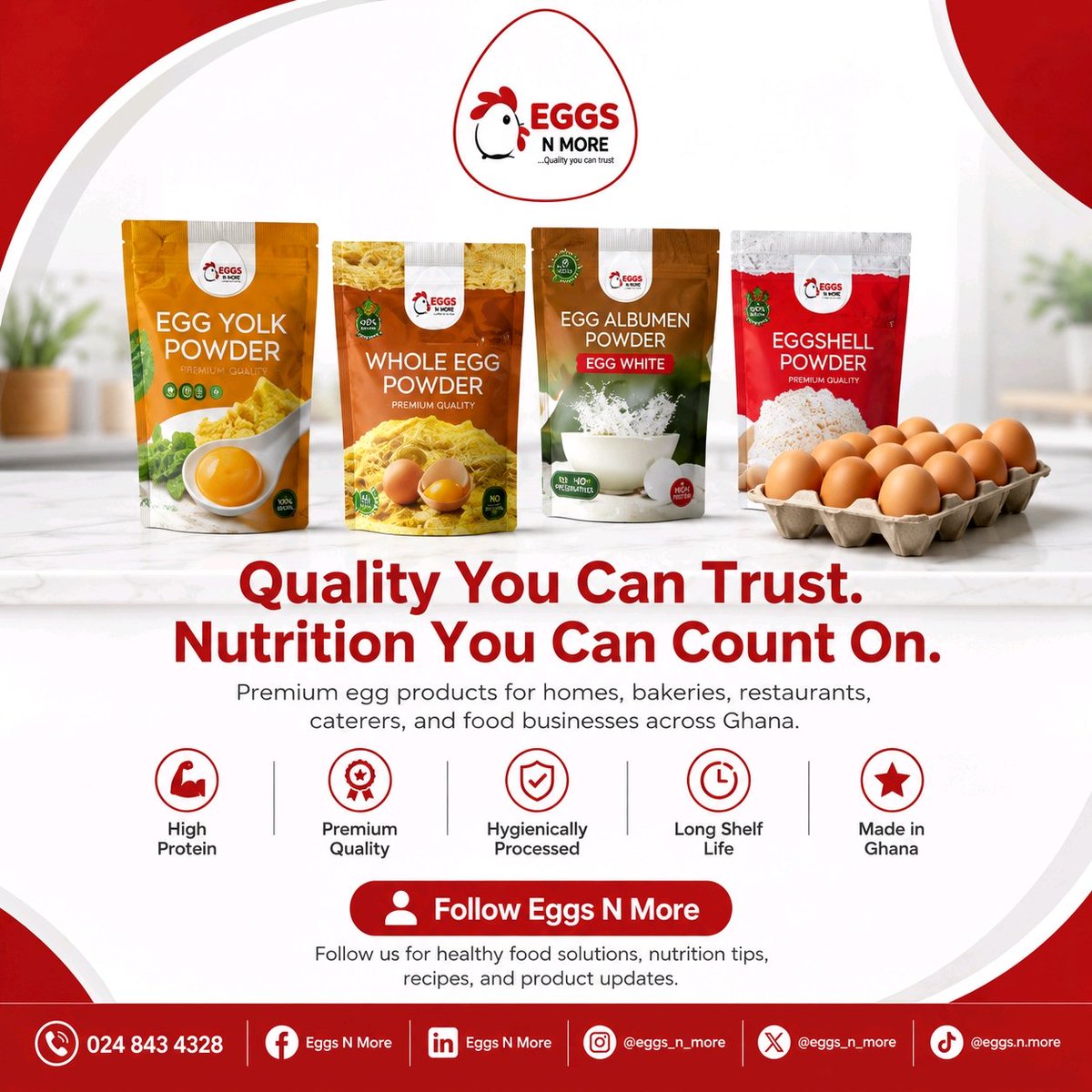eggs_n_more's tweet photo. Caption
Meet Eggs N More 🥚
Premium egg products for homes, bakeries, restaurants, caterers &amp; food businesses.
Quality You Can Trust. Nutrition You Can Count On.
📞 024 843 4328
Follow us and tell us which product you'd like to know more about.
 #EggsNMore #EggPowder #MadeInGhana https://t.co/yVQiuEgDyr