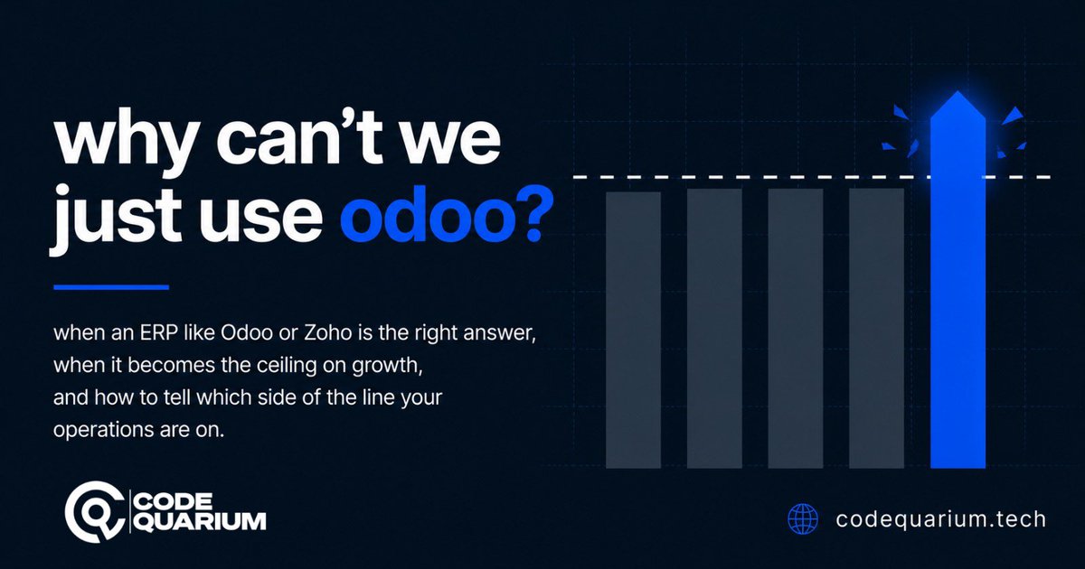 CodeQuarium's tweet photo. We build custom software. Here’s when you shouldn’t hire us.

Every business fixing its systems asks the same question: why can’t we just use Odoo?

Honest answer below. 🧵 https://t.co/7FWTFtbcc2