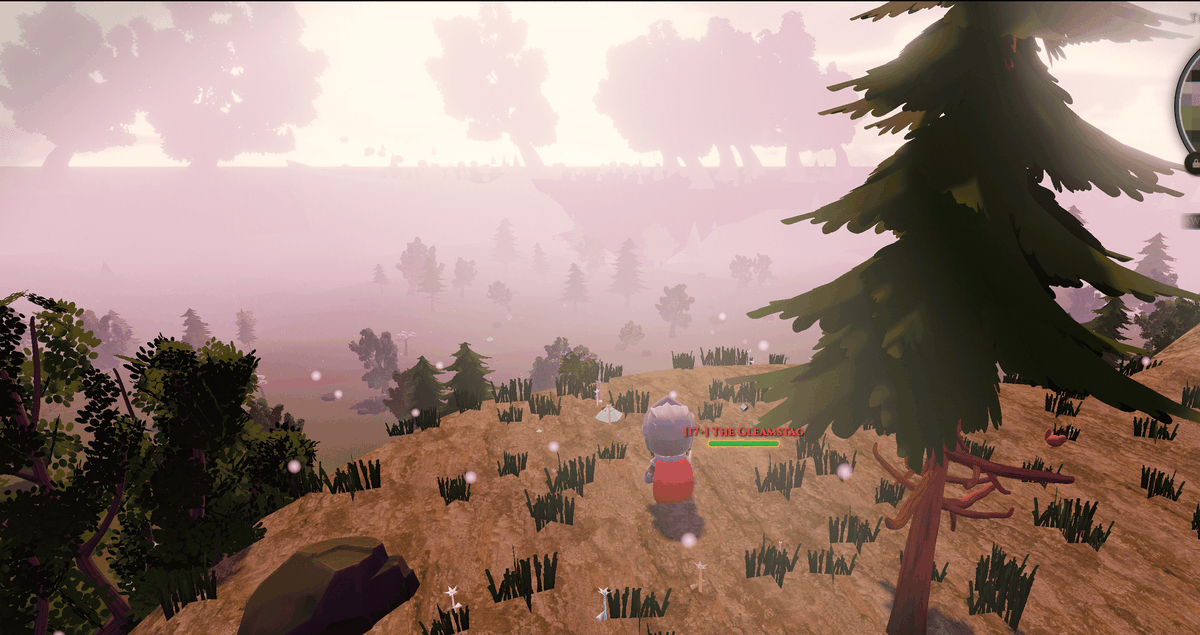 WoClaudecraft's tweet photo. A last look at two new zones before you get to walk them. One a misty forest at dusk, one a bright valley of giant trees and water. Look closely in the fog and you will spot a new foe, the Gleamstag. This is the final tease. Built in the open, played in your browser. https://t.co/mv1IszAYb0