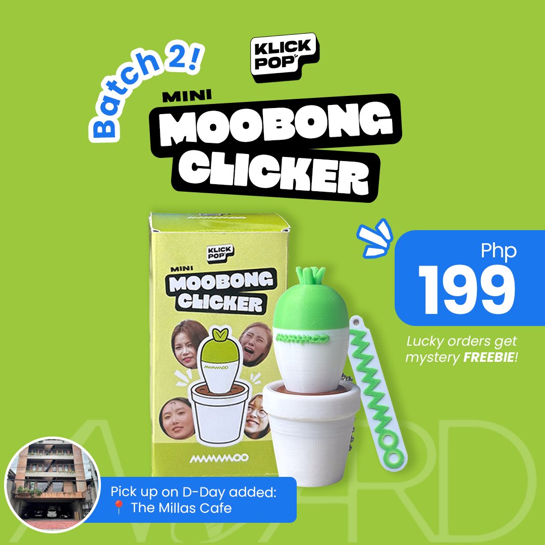 Klickpopmnl's tweet photo. Batch 2 is officially open! 💚

Thank you for the overwhelming support, Moomoos! Because of the demand, we're opening a second batch of pre-orders for our Mini Moobong Clicker.

We've also added a concert day meet-up option in addition to J&amp;T Express shipping.📋 

Order form 👇 https://t.co/Hsa5kZtPHX