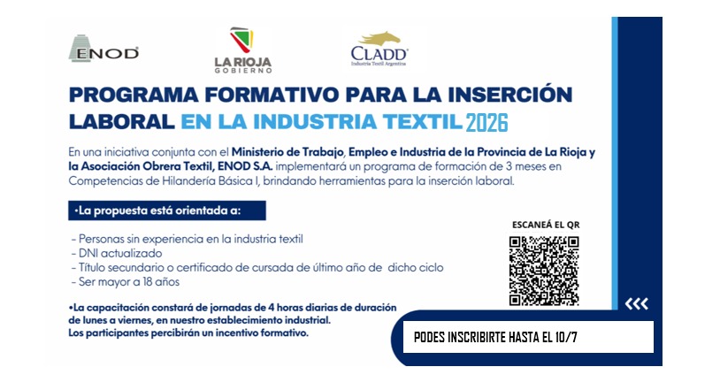 mintrabajo_lr's tweet photo. Lanzamos el Programa Formativo para la Inserción Laboral en la Industria Textil 2026 junto a ENOD y la AOT.
​Capacitación de 3 meses en Hilandería Básica con incentivo formativo.

​📅 ¡Inscribite hasta el 10/7 escaneando el QR de la imagen! 📲 https://t.co/CEFlYDItYH