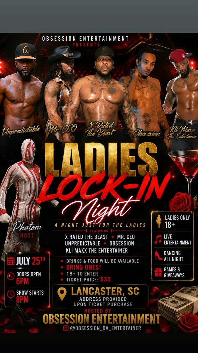 da_obsession's tweet photo. 🚨 LADIES... IT'S GOING DOWN! 🚨
Get ready for the LADIES LOCK-IN NIGHT — a night created JUST FOR THE LADIES! 💃🏽🔥
📅 Friday, July 25th 📍 Lancaster, SC (Address provided after ticket purchase) 🚪 Doors Open: 6:00 PM 🎭 Show Starts: 8
📲 For tickets &amp; information: (980) 284-4493 https://t.co/6QIosbnBag