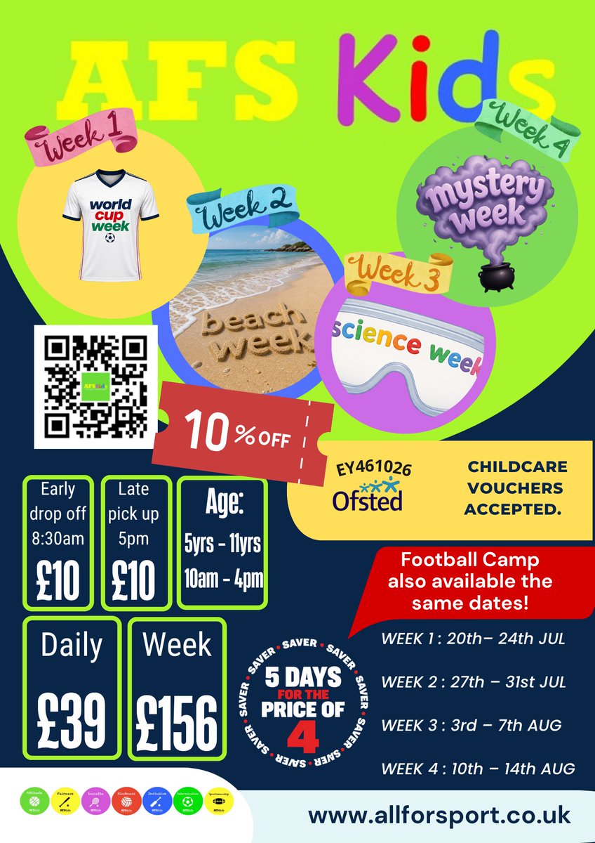AFSCamps's tweet photo. Just 4 Days Left to Receive 10% OFF @AFSCamps Summer Themed Camps! DON’T MISS OUT &amp; BOOK ASAP!!🎉🏅🏏⚽️🔬🎨 https://t.co/4r2jALU6uo