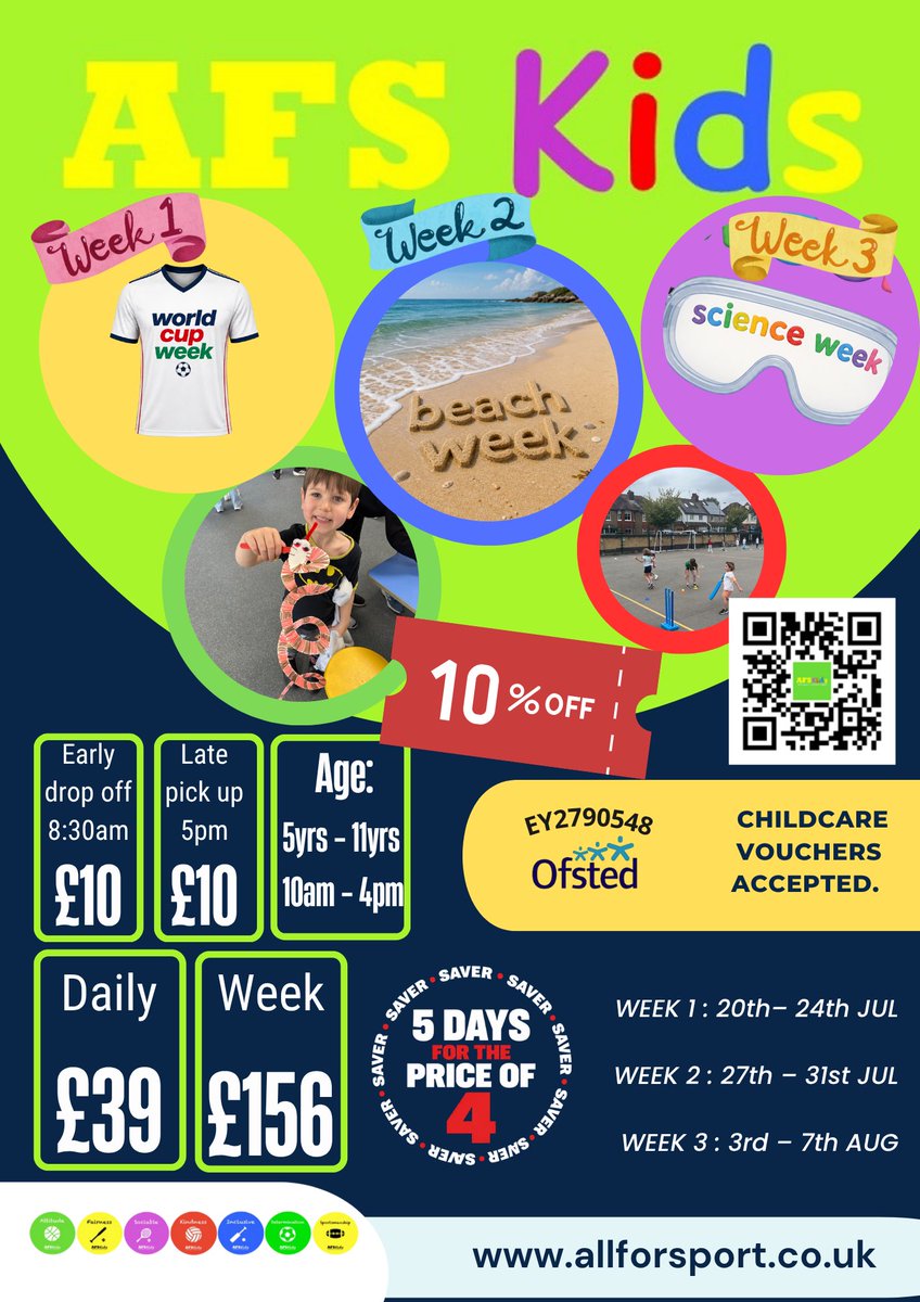 AFSCamps's tweet photo. Just 4 Days Left to Receive 10% OFF @AFSCamps Summer Themed Camps! DON’T MISS OUT &amp; BOOK ASAP!!🎉🏅🏏⚽️🔬🎨 https://t.co/4r2jALU6uo