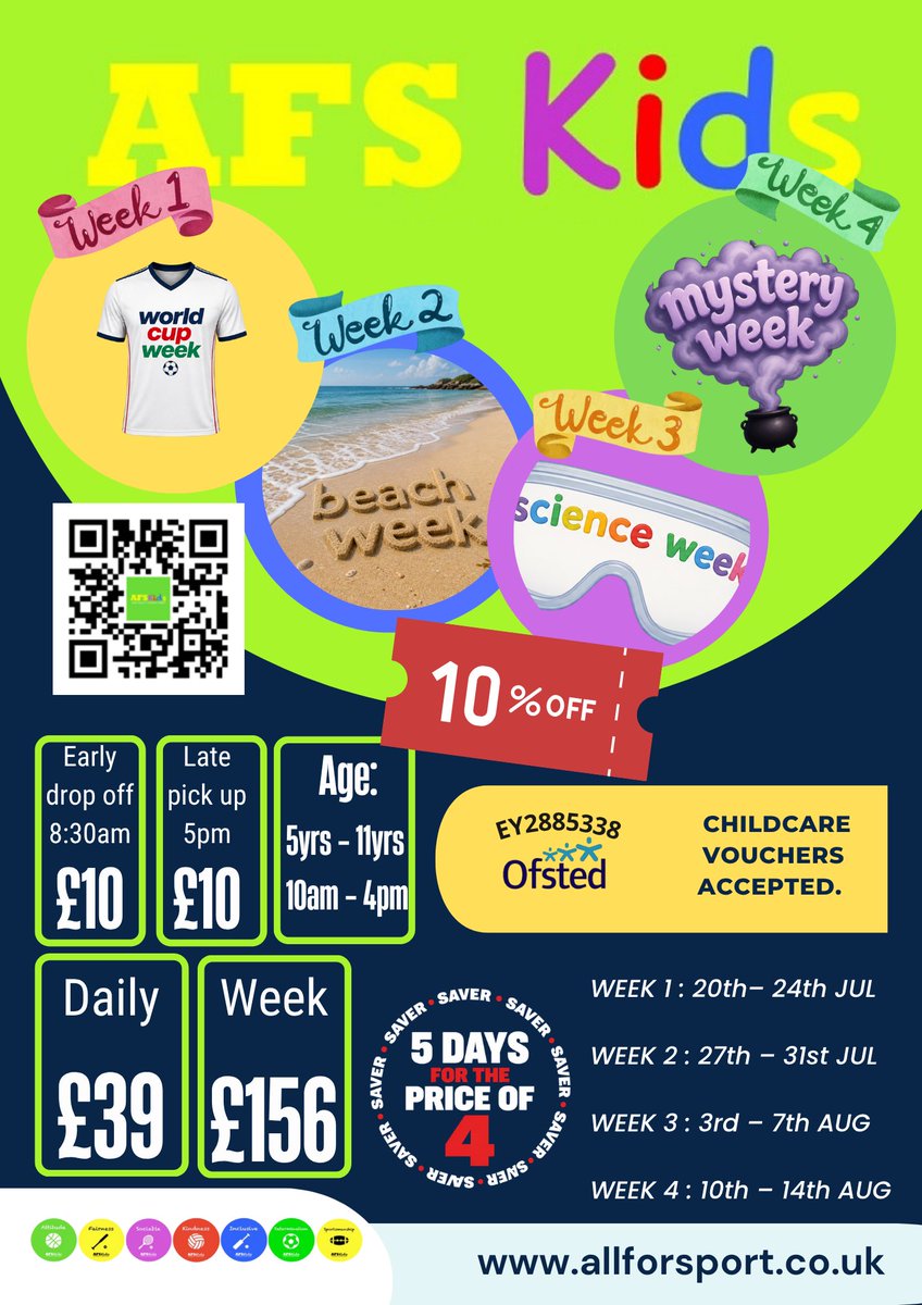AFSCamps's tweet photo. Just 4 Days Left to Receive 10% OFF @AFSCamps Summer Themed Camps! DON’T MISS OUT &amp; BOOK ASAP!!🎉🏅🏏⚽️🔬🎨 https://t.co/4r2jALU6uo