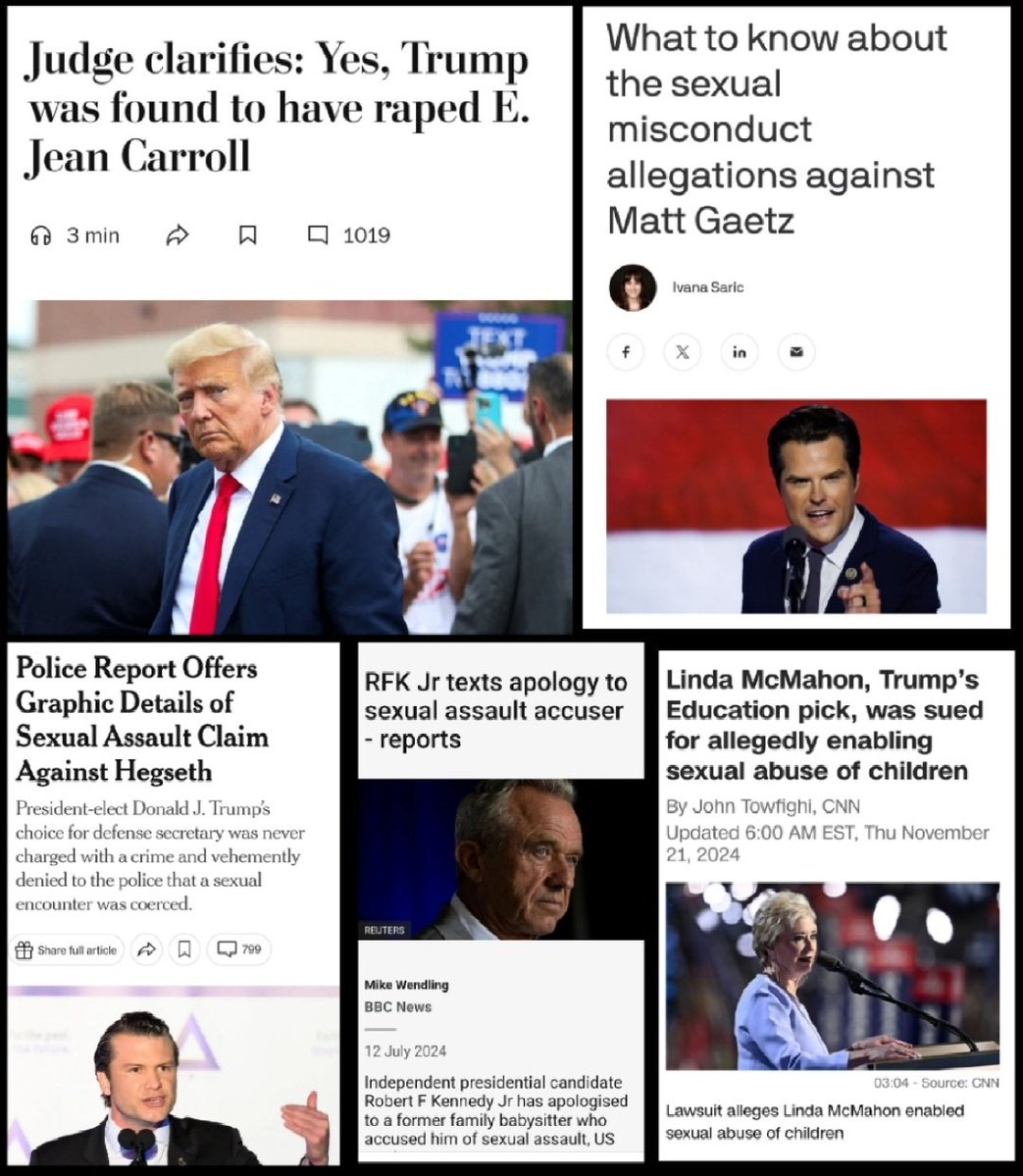 asclepiasyriaca's tweet photo. @Acyn Donald Trump
Matt Gaetz
Pete Hegseth
Herschel Walker
Brett Kavanaugh
Robert F. Kennedy, Jr.
Corey Lewandowski 
Eric Greitens  
Corey Mills https://t.co/YDRGWtWsad