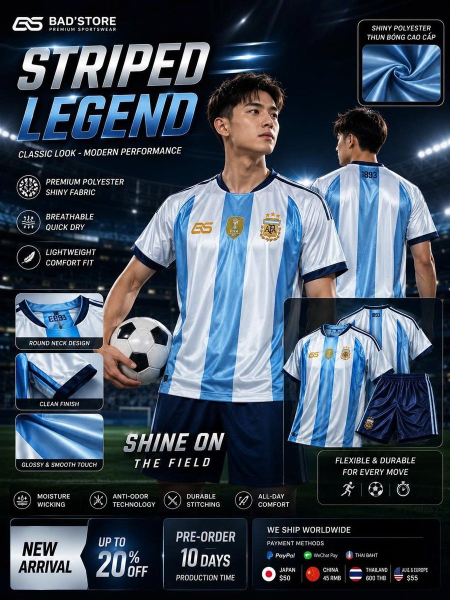 PhmKhz's tweet photo. The iconic Argentina Home Kit is here. 🇦🇷
Premium shiny polyester fabric with a lightweight, breathable feel.
🌍 Ships Worldwide | 📦 Pre-order 10 Days
#Football #SoccerJersey #BadStore https://t.co/SQCE7VX9Yo