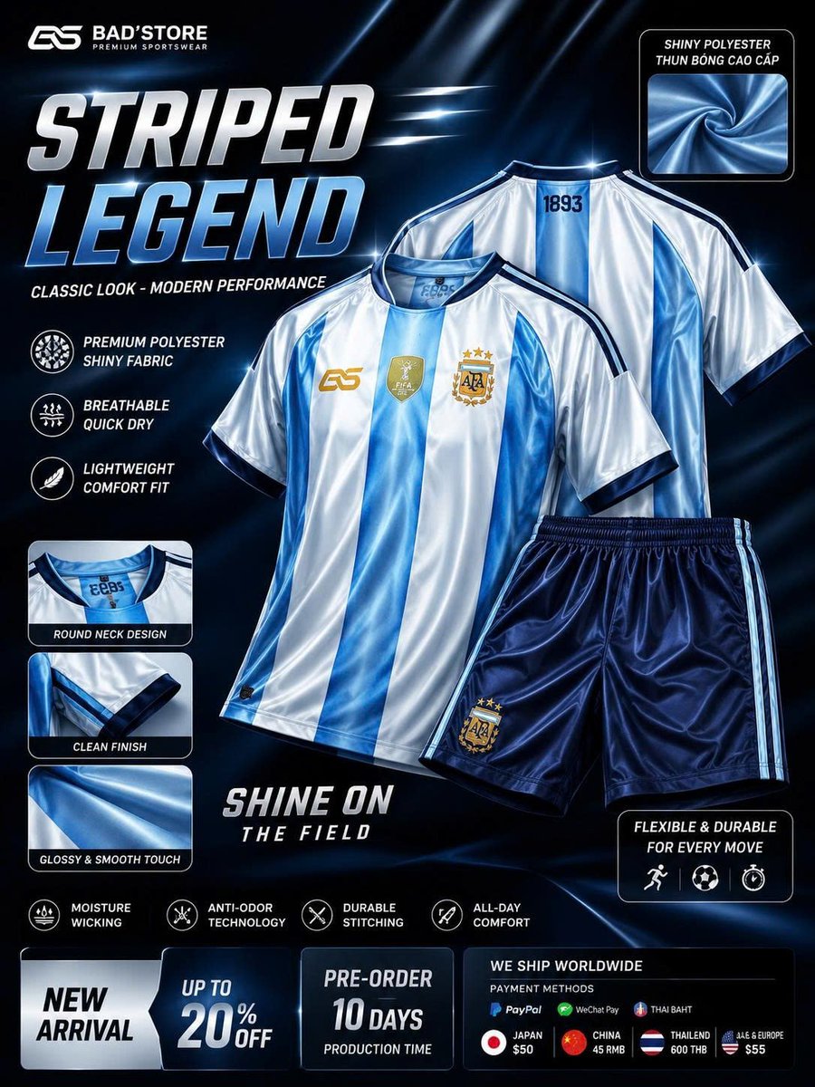 PhmKhz's tweet photo. The iconic Argentina Home Kit is here. 🇦🇷
Premium shiny polyester fabric with a lightweight, breathable feel.
🌍 Ships Worldwide | 📦 Pre-order 10 Days
#Football #SoccerJersey #BadStore https://t.co/SQCE7VX9Yo