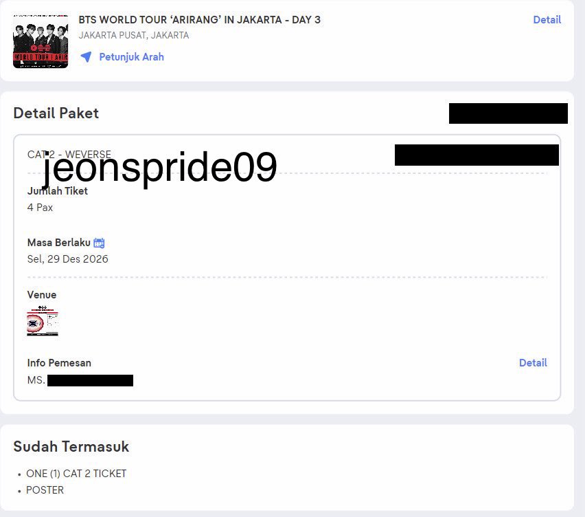 jeonspride09's tweet photo. WTS // WANT TO SELL

BTS WORLD TOUR
ARIRANG IN JAKARTA

DAY 3 (DEC 29)
PRE SALE

CAT 2 - sisa 1 TIX (4,7jt/tix negotiable)

⭕️ PROOF OF E-TICKET AVAILABLE
⭕️ Payment via BCA

(dijual lagi karena ada yg cancel🙁)

#BTS_ARİRANG #bts #zonauang #wts #wtb #bts #BTS_ARİRANG_JAKARTA https://t.co/W1D4rLV2gU