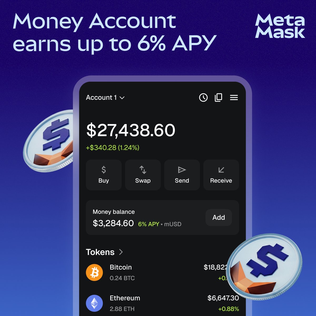 MetaMask's tweet photo. MetaMask Money Account earns up to 6% APY as you trade, send, and spend. One balance, always working. No hidden fees, no minimums, no lockups.
APY is variable and not guaranteed. Not a bank account. Availability varies by region.