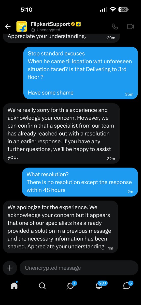 SyedJava786's tweet photo. @_Kalyan_K @Flipkart @flipkartsupport What resolution u r providing in DM?

Is this the resolution? @Flipkart @_Kalyan_K

No resolution, except logging a complaint n waiting time of 48 hours.
Are u considering this as specialist resolution? 🙂 https://t.co/dfKhFewene