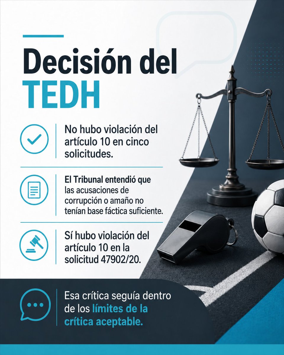 DDHHAbogados's tweet photo. ¿Dónde termina la crítica deportiva y empieza la sanción?

El TEDH condena parcialmente a Portugal por sancionar al FC Porto tras unas críticas al arbitraje.

#TEDH #LibertadDeExpresión #DerechosHumanos #Deporte #Fútbol https://t.co/I1WPnIKPJx