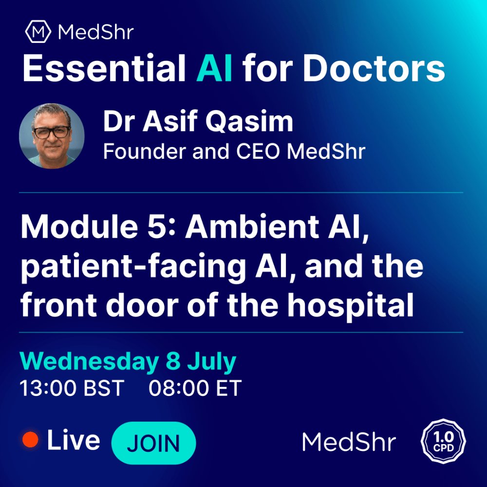 medshronline's tweet photo. Live now, 13:00 BST: Dr Asif Qasim on AI at the front door of the hospital. Join for free CPD https://t.co/EIjKnGa68x https://t.co/8IsofppTug