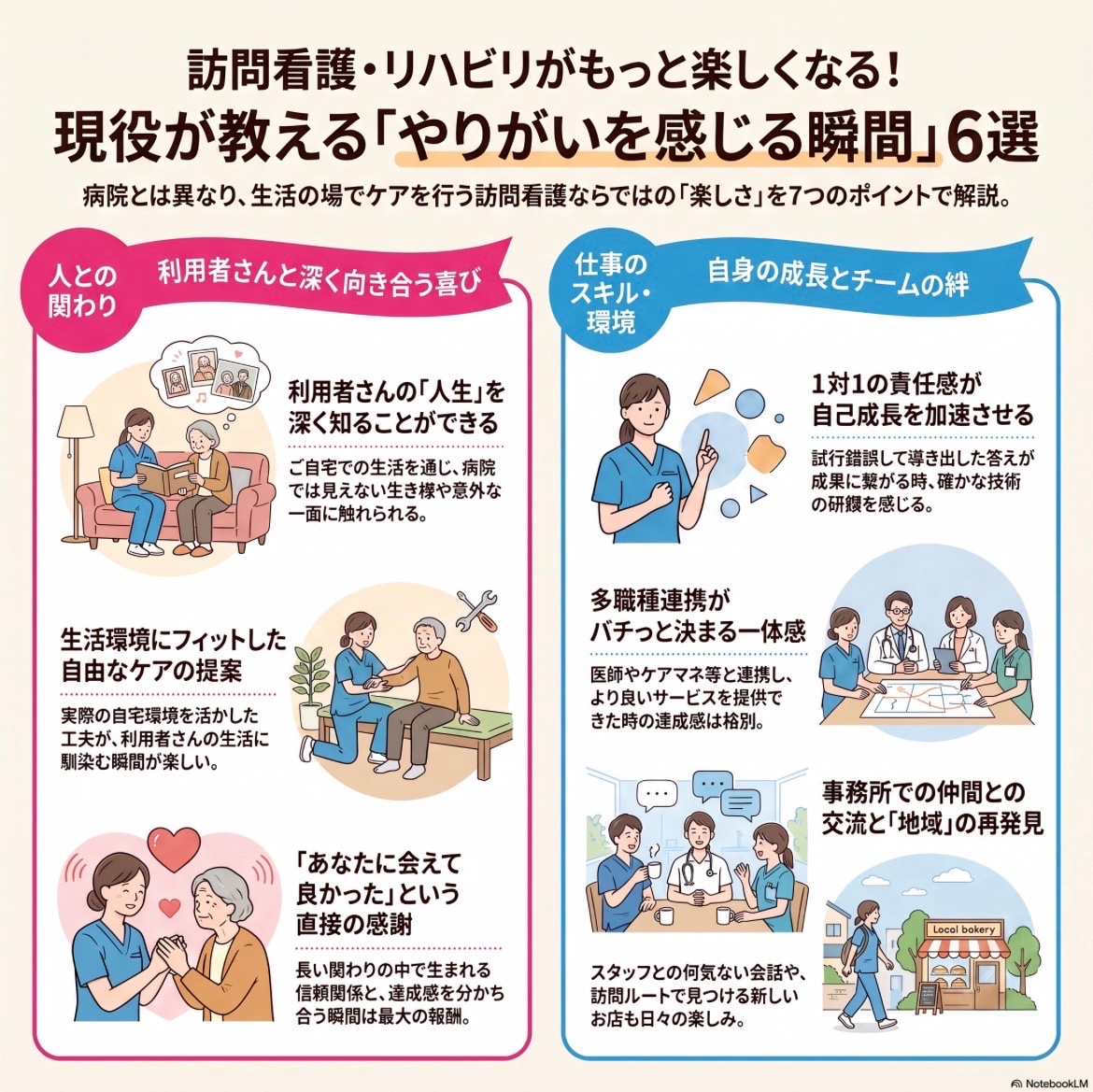 visitcare_ns's tweet photo. 🌸 「訪問看護って大変そう…。」そう思っていませんか？😊

もちろん、訪問看護には責任やプレッシャーがあります🏡

でも、それ以上に**「この仕事を選んで良かった」と思える瞬間**がたくさんあります✨

利用者さんの人生に寄り添い、一緒に喜びを分かち合えることは、訪問看護・訪問リハビリならではの魅力です。

今回は、**現場で感じる「やりがいを感じる瞬間」**をご紹介します😊

⸻

🏡 ① 利用者さんの「生活」に寄り添える

病院では見えなかった利用者さんの日常や、ご自宅での暮らしに触れられるのが訪問看護の魅力です。

好きなことや大切にしている習慣、ご家族との時間など、その人らしい生活を知ることで、より深い関わりが生まれます😊

「生活を支える看護」ができることに、大きなやりがいを感じます。

⸻

💡 ② 生活に合わせた支援を一緒に考えられる

実際の生活環境を見ながらケアを考えられるのは、訪問ならではの強みです。

家具の配置を工夫したり、自宅にある物を活用したりと、その人の暮らしに合った方法を提案できます😊

小さな工夫が「できる」を増やし、生活の質の向上につながる瞬間はとても嬉しいものです。

⸻

💙 ③ 「あなたが来てくれて良かった」の一言が励みになる

利用者さんやご家族からの感謝の言葉は、訪問看護師にとって何よりの宝物です。

「あなたが担当で安心した」「来てくれる日が楽しみ」と言っていただけると、日々の頑張りが報われた気持ちになります😊

長く関わるからこそ築ける信頼関係は、訪問看護ならではの魅力です。

⸻

🌱 ④ 一人ひとりの経験が自分を成長させてくれる

訪問中は一人で判断する場面もありますが、その経験が看護師としての力を育ててくれます。

悩みながら考え、試行錯誤した支援が利用者さんの笑顔につながった時、自分自身の成長を実感できます😊

「昨日より今日、今日より明日」と成長を感じられる仕事です。

⸻

🤝 ⑤ 多職種と力を合わせて支えられた時

医師やケアマネジャー、リハビリ職、薬剤師、ヘルパーなど、多くの専門職と連携するのも訪問看護の特徴です。

情報共有がうまくいき、チーム全員で利用者さんを支えられた時には、大きな達成感があります😊

一人ではできない看護だからこそ、チームの力を実感できます。

⸻

🌈 ⑥ 地域を知り、人とのつながりを感じられる

毎日の訪問では、地域の景色や季節の変化、新しいお店など、病院勤務では味わえない発見があります。

事務所へ戻って仲間と出来事を共有したり、地域の魅力を知ったりすることも、訪問看護の楽しみの一つです😊

地域に根差した仕事だからこそ、人とのつながりや温かさを感じられます。

⸻

🌸 まとめ

訪問看護・訪問リハビリには、大変なこともありますが、それ以上に利用者さんの人生に寄り添い、その人らしい生活を支えられる喜びがあります😊

感謝の言葉、利用者さんの笑顔、自分自身の成長、多職種との連携…。

その一つひとつが、「この仕事を続けて良かった」と思える原動力になります🏡✨

💬 皆さんが訪問看護・訪問リハビリで一番やりがいを感じた瞬間は何ですか？ぜひコメントで教えてください😊