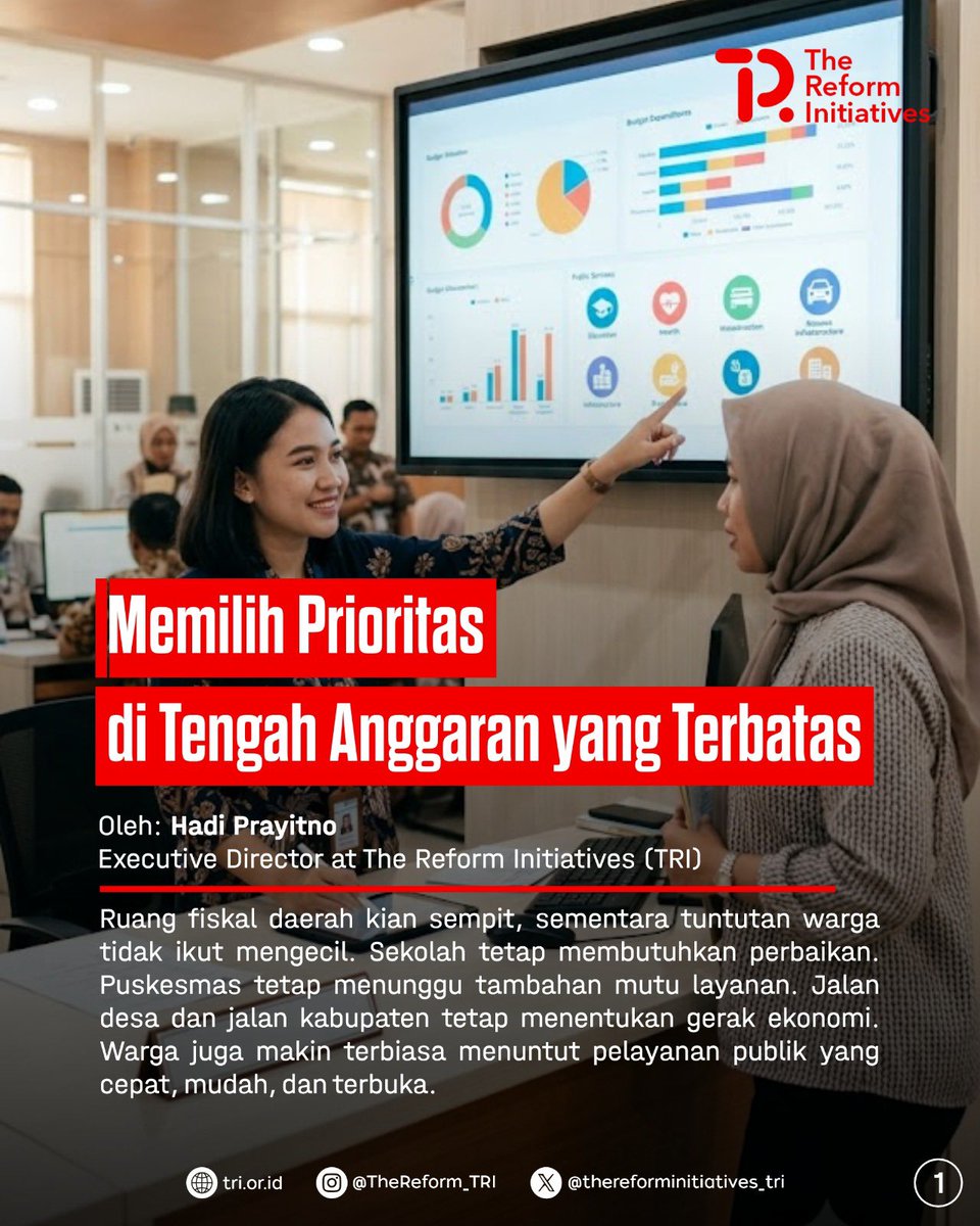 TheReform_TRI's tweet photo. Ruang fiskal daerah kian sempit, namun tuntutan publik tidak ikut mengecil. Sekolah tetap membutuhkan perbaikan, Puskesmas menunggu peningkatan mutu layanan, dan jalan desa/kabupaten menentukan hidupnya gerak ekonomi warga. https://t.co/IaHgkWXErZ