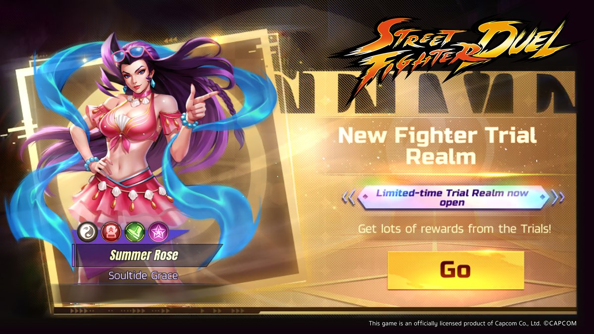 StreetFighterDL's tweet photo. Summer Rose is now available in the Trial Realm. Have a try of the summer magic! 🔮🌊
#StreetFighterDuel #SFD https://t.co/Q271gZxT2K