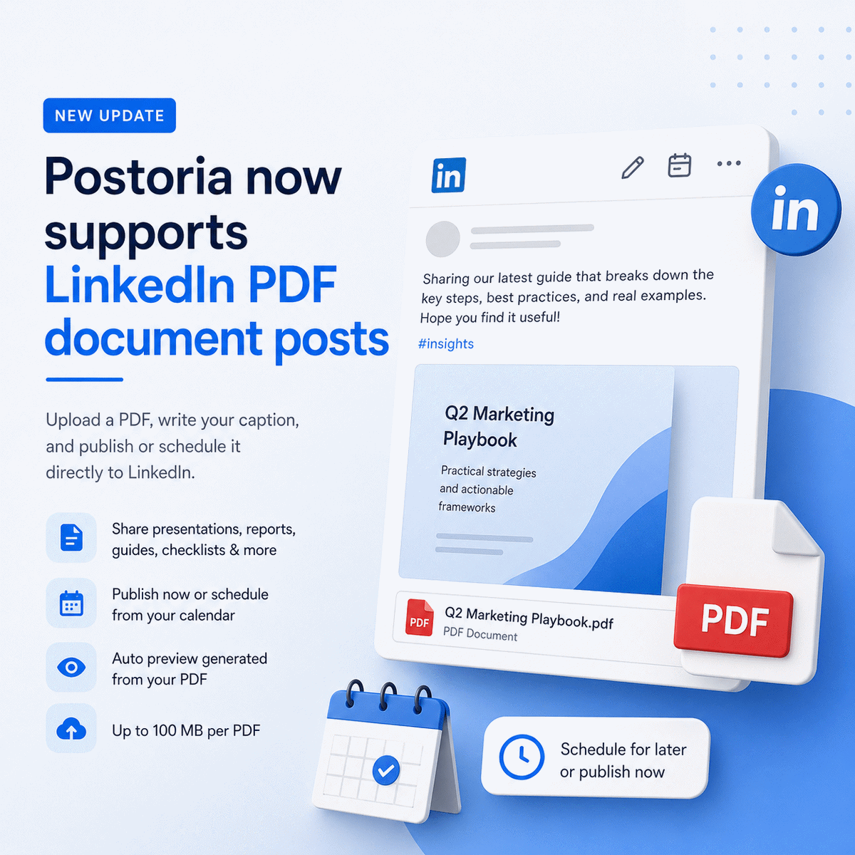 PostoriaApp's tweet photo. New in Postoria: LinkedIn PDF document posts.
Upload a PDF, add a caption, and schedule or publish it to LinkedIn directly from your social media calendar.
Great for guides, reports, presentations, and other PDF content.
#LinkedInMarketing #ProductUpdate https://t.co/9ZiLG42IiC