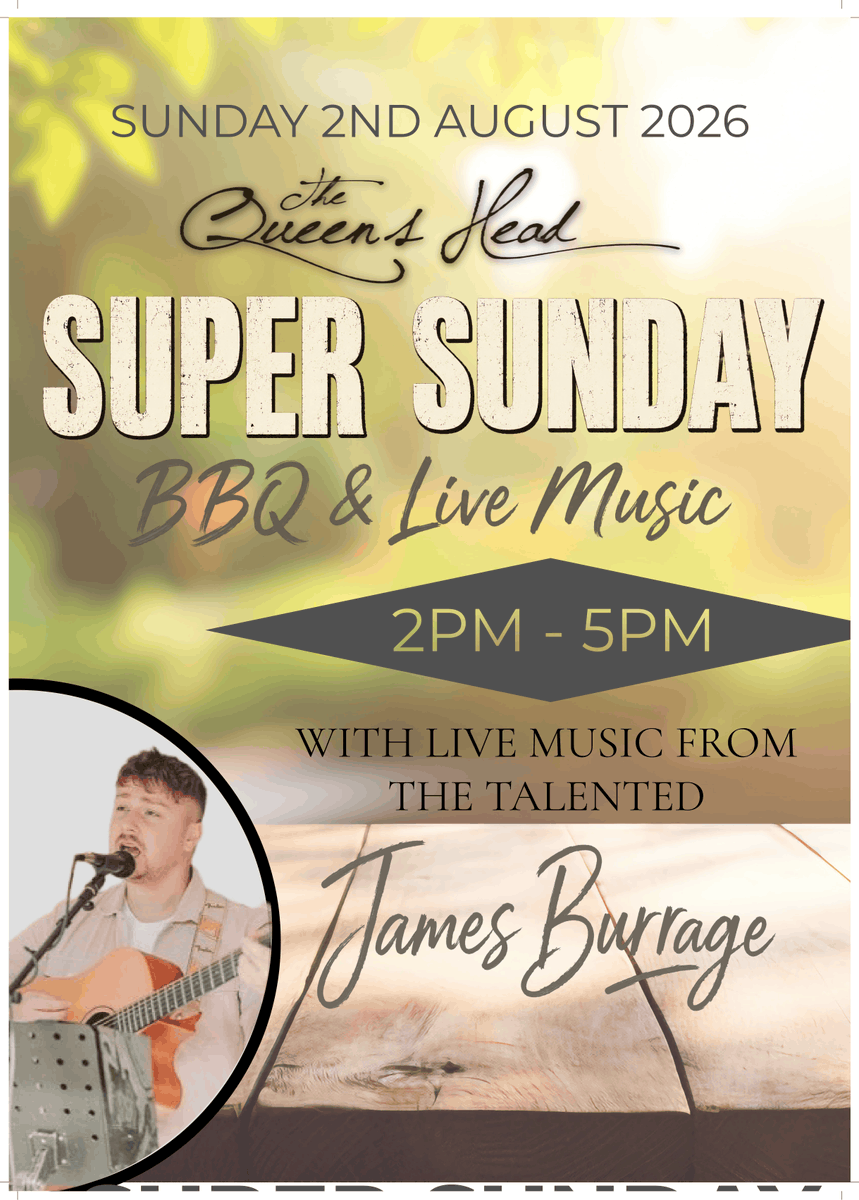 QueensHeadWB's tweet photo. Date for your diary: join us for a sunny, summery Super Sunday on 2nd August at The Queen’s Head! We’ll be coming together from 2 – 5pm for a BBQ and live music from talented local
musician, James Burrage.

#QueensHead #SuperSunday #LocalEvent #SummerBBQ #LiveMusicEvent https://t.co/f5mldzgmxK