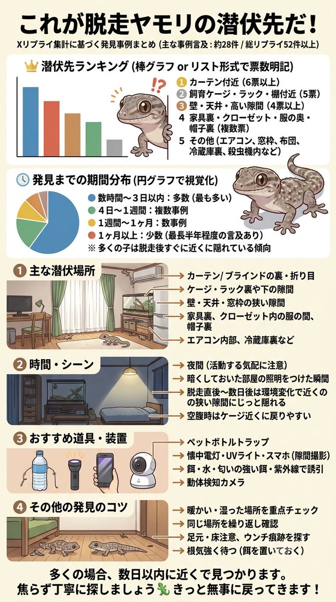 yuiponz1203's tweet photo. 発見期間の集計期間を追加したv2作成しました
お好みに合わせて2デザイン（再現性がないとも言う）

v1公開ポストに結構ブックマークしていただけているので リプライにぶら下げる形にしました

#ニホンヤモリ 
#脱走 
#これが脱走ヤモリの潜伏先だ https://t.co/BnwtQj9voQ