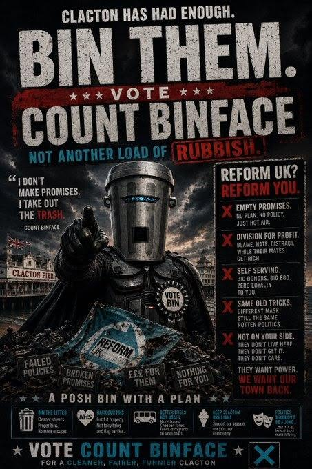 DinkumFella's tweet photo. NAFO needs to throw its weight behind Count Binface. Farage has all kind of dodgy links to the Russian propaganda machine plus him losing his seat to a guy with a dustbin on his head would be funny as f***. https://t.co/zZFP0GBe2k