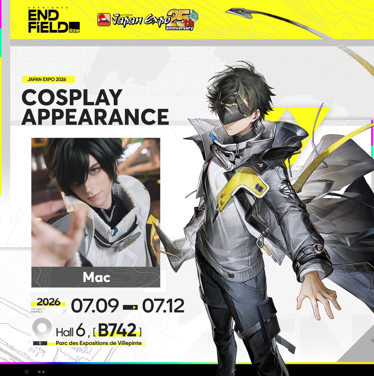 maccoser's tweet photo. I’m honored to announce that I will be cosplaying male Endministrator for the Arknights: Endfield booth at Japan Expo!

📅: July 9-12, 2026
📍: Hall 6, B742, Parc des Expositions de Villepinte

#ArknightsEndfield #Endfield #JapanExpo2026 #EndfieldJE2026 #EndfieldJapanExpo https://t.co/smYG4Cfhw9