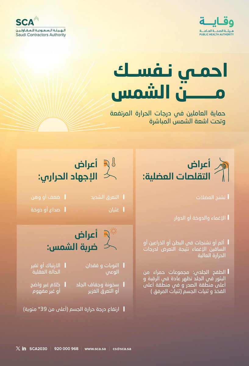 SCA2030's tweet photo. اعراض الاجهاد وضربة الشمس..

#الهيئة_السعودية_للمقاولين
#هيئة_الصحة_العامة
#حظر_العمل_تحت_أشعة_الشمس https://t.co/Q6QZvaJpop
