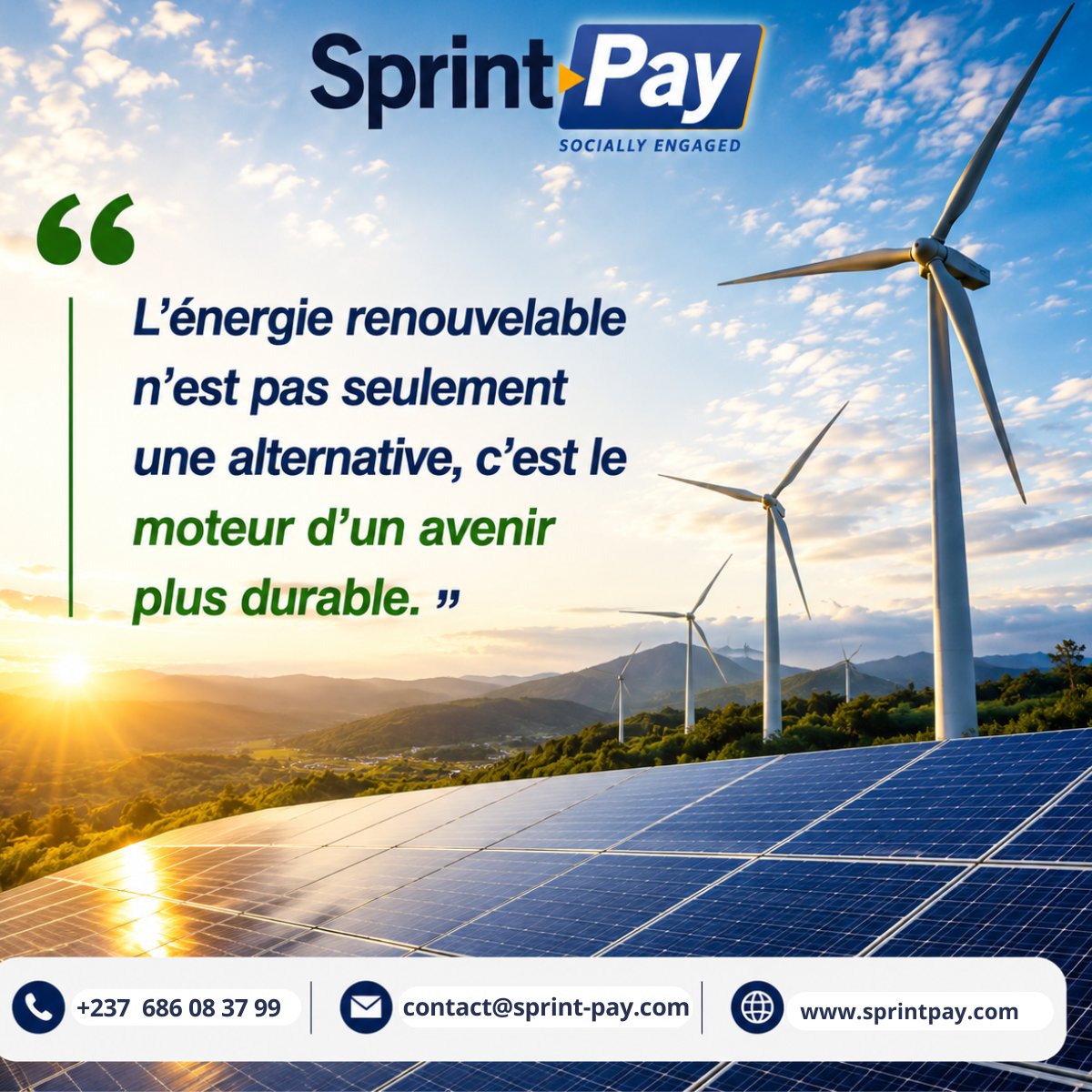 SprintPayTech's tweet photo. Accélérons la transition vers un avenir durable en privilégiant la force infinie des énergies renouvelables pour protéger notre planète.

 #ÉnergieRenouvelable 
#TransitionÉnergétique #DéveloppementDurable https://t.co/vXUytQaViI