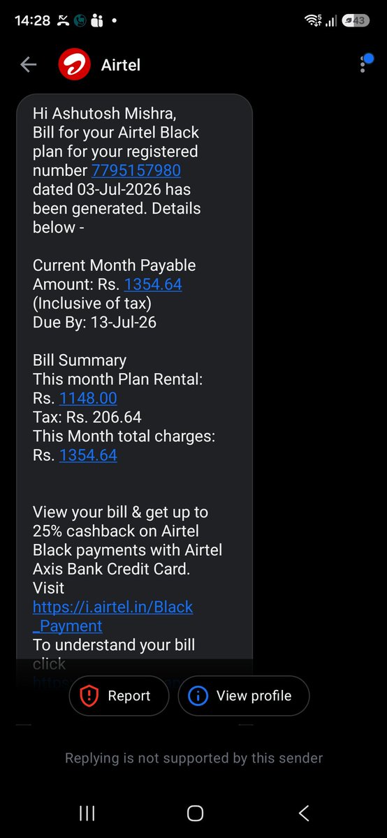ashudhiru's tweet photo. @Airtel_Presence Please note rhat this bill is paid day before yesterday and still showing unpaid https://t.co/qmkNp2Z5rM