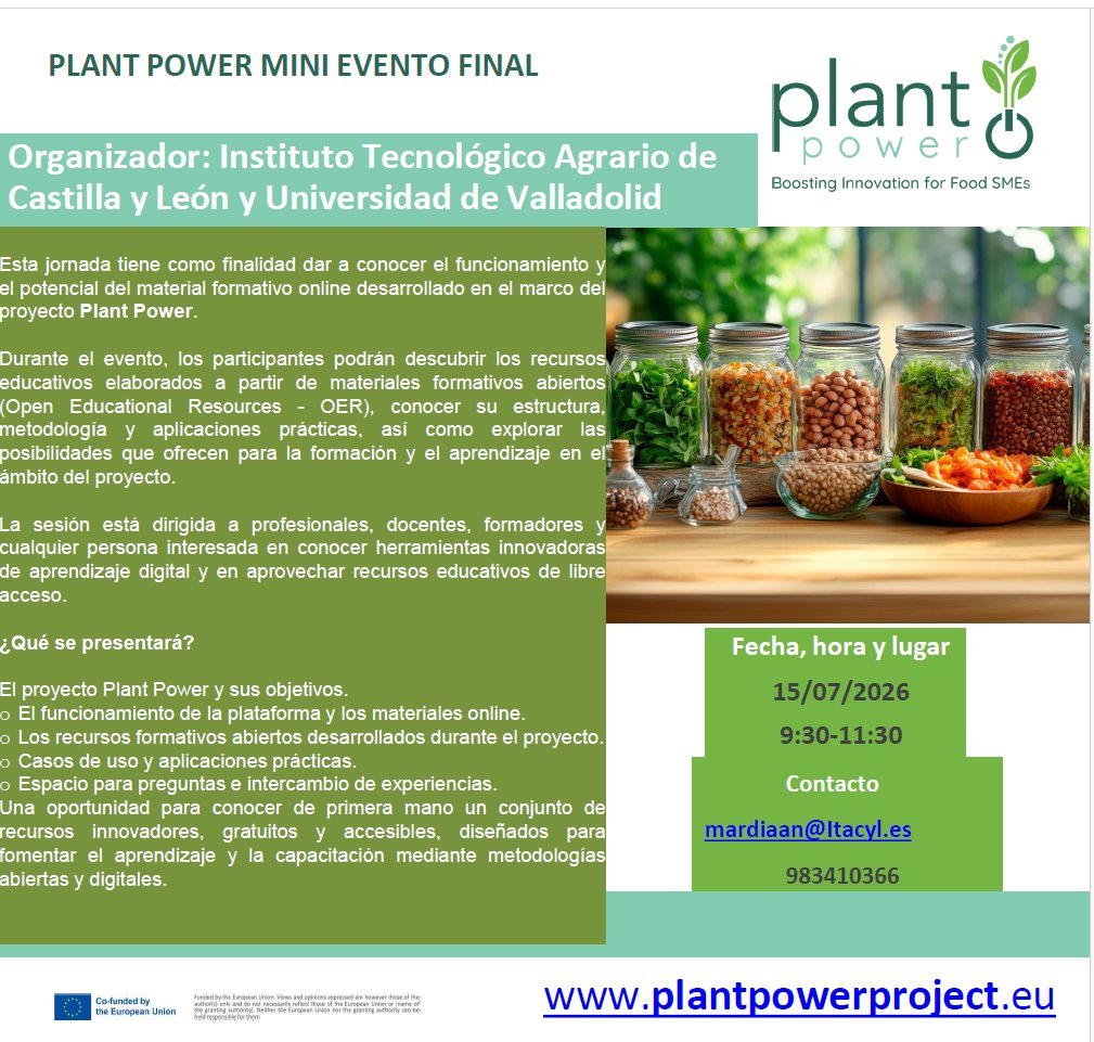 ITACYL's tweet photo. 🌱 Descubre el potencial de #PlantPower

Jornada presencial para conocer materiales formativos gratuitos online, recursos educativos abiertos (OER) y sus aplicaciones prácticas para el aprendizaje digital.

🗓️ 15/07/2026
🕤 9:30-11:30
📍 #ITACyL

https://t.co/zL3v9nl0mf
@UVa_es https://t.co/Z2CXj6ixb2