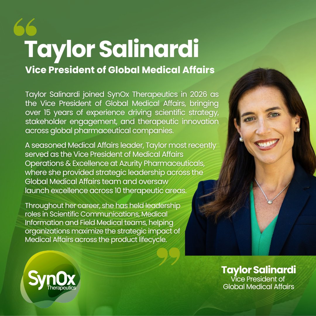SynOx_Tx's tweet photo. We're thrilled to welcome Taylor Salinardi as VP of Global Medical Affairs at SynOx Therapeutics 🌱
Taylor joins SynOx Therapeutics at an exciting time and will play an important role in the company’s next stage of growth. 🌿💡 #MedicalAffairs #SynOxTherapeutics https://t.co/IzysGbfK7h
